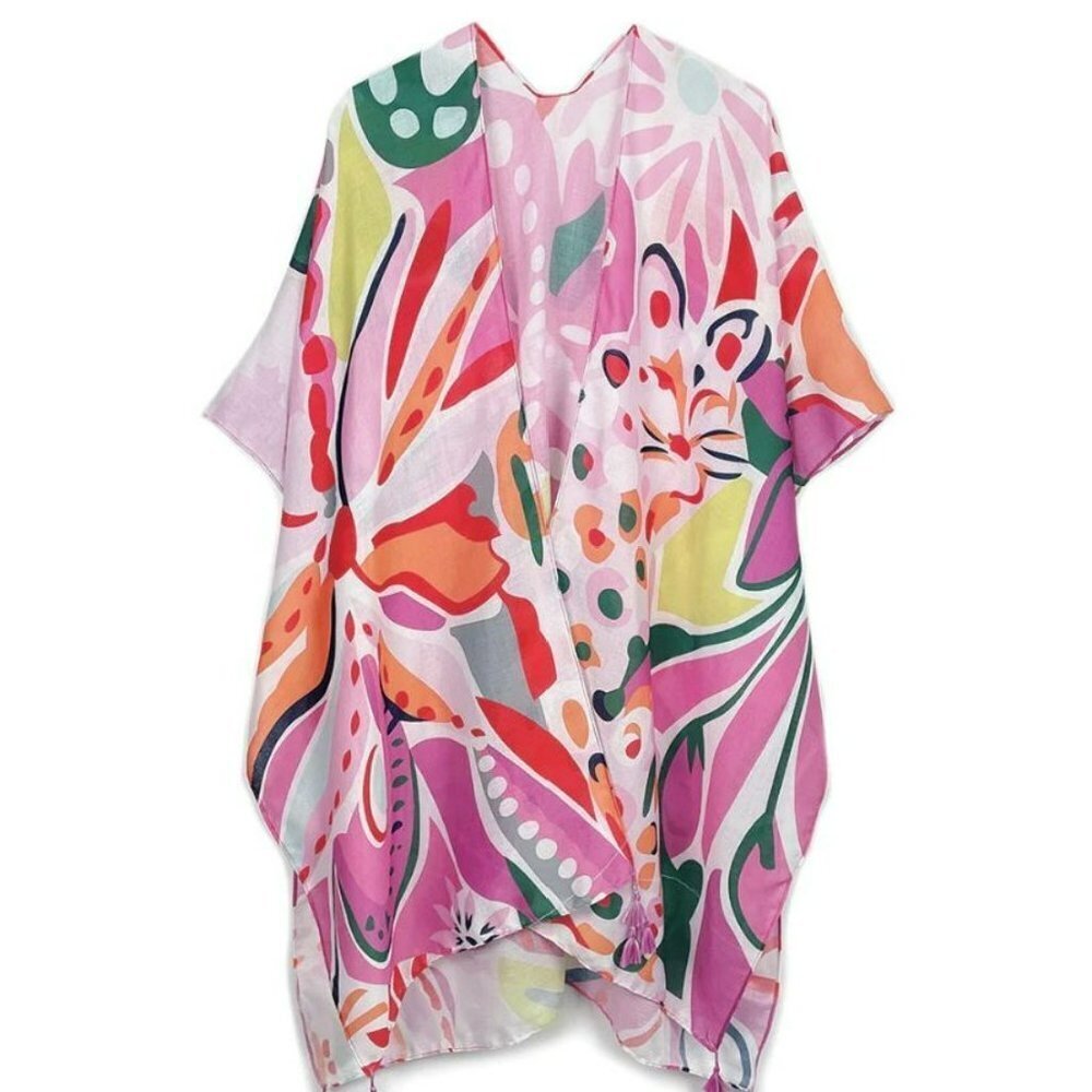 Tropical Floral Print Open Front Kimono with Tassel Fringe - Picture 5 of 7